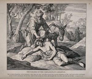 V0015245 The good samaritan stops to help a wounded man who has been Credit: Wellcome Library, London. Wellcome Images images@wellcome.ac.uk http://wellcomeimages.org The good samaritan stops to help a wounded man who has been previously ignored by a priest and Levite. Wood engraving by Zscheckel. By: ZscheckelPublished:  -  Copyrighted work available under Creative Commons Attribution only licence CC BY 4.0 http://creativecommons.org/licenses/by/4.0/